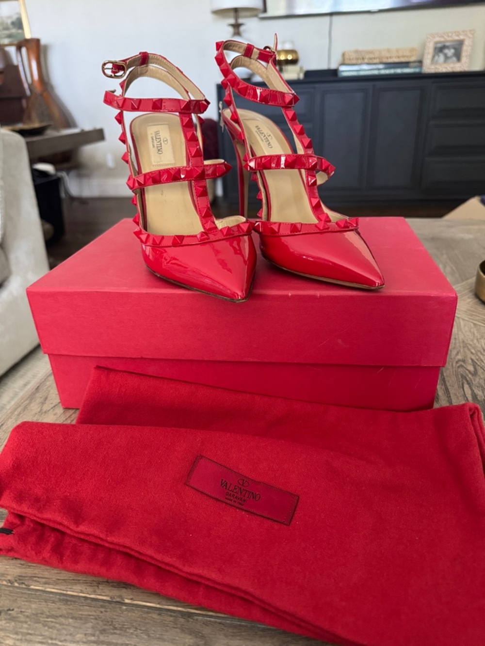 Valentino Red Patent Leather Studded Strappy Pointed-Toe Heels